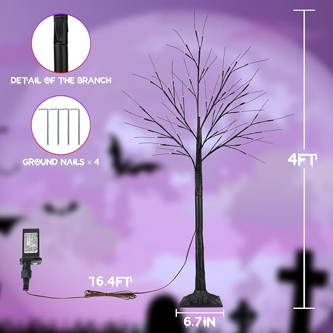 2Pack 4FT 100LED Black Halloween Tree Lights, Timer Function Halloween Trees with Purple and Orange Lights, Spooky Trees Light for Indoor Outdoor Halloween Decorations