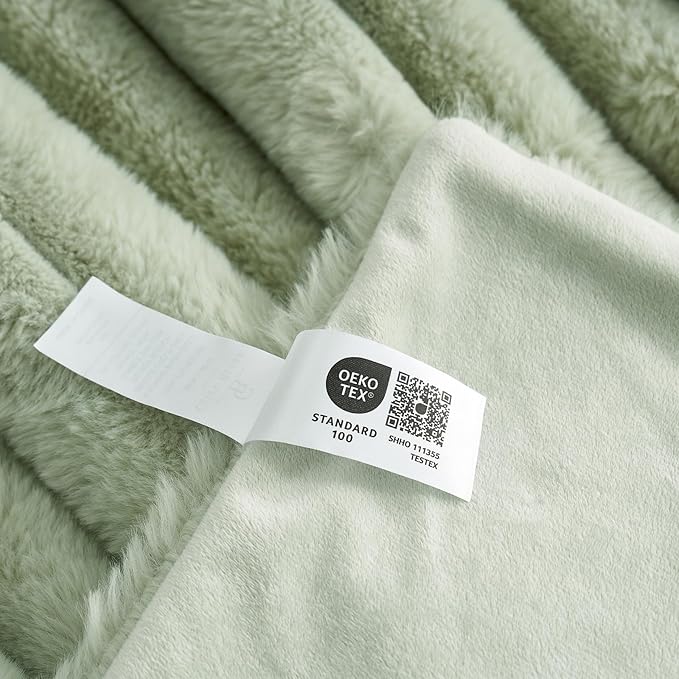Cozy Bliss Faux Fur Throw Blanket for Couch, Cozy Warm Plush Striped Blanket for Sofa Bedroom Living Room, 60 * 80 Inches Sage Green