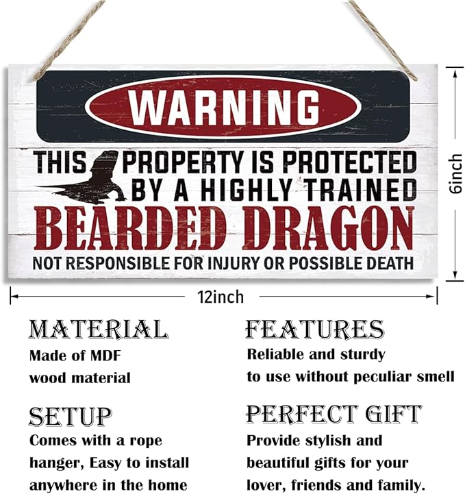 Funny Warning Signs, The Property is Protected By Highly Trained Bearded Dragon Sign, Decorative Wood Hanging Wood Plaque, Warning Wood Sign for Indoor Outdoor Use, Door Gate Hanger, House Decor