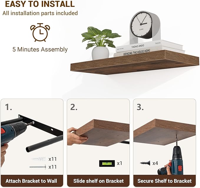 55 Inch Floating Shelves, 55"x9.25"x1.5" Inch Deep Floating Shelves for Wall, Wooden Shelves for Bathroom, Bedroom, Living Room, Brown