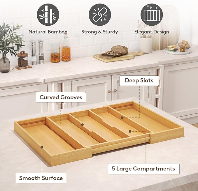Lifewit Utensil Organizer for Kitchen Drawer, Expandable Cooking Utensil Tray, Bamboo Cutlery Silverware Flatware Holder, Adjustable Spatula Tools Gadget Storage Divider, 28 x18.5 x 2 inches, Natural