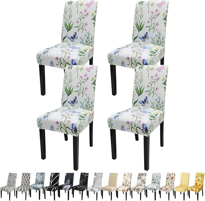 JQinHome Pattern Chair Covers for Dining Room Set of 6, High Stretch Removable Washable Parsons Chair Slipcover for Home Party Hotel Wedding Ceremony (Flowering Butterflies,6PCS)