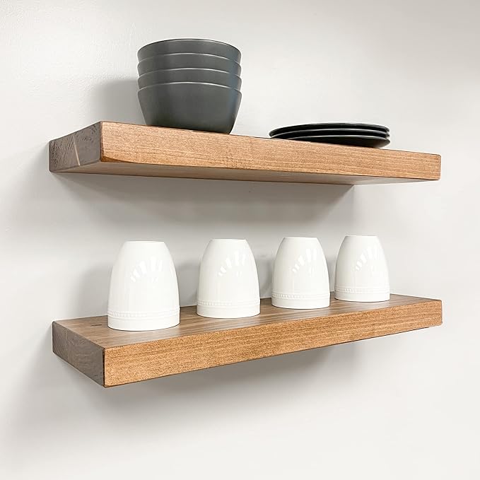 URBANDI, Rustic Floating Shelves, Set of 2, Hidden Bracket, Solid Wood, Heavy Duty, Wall Mounted Shelves, (Brown, 60Wx10D)