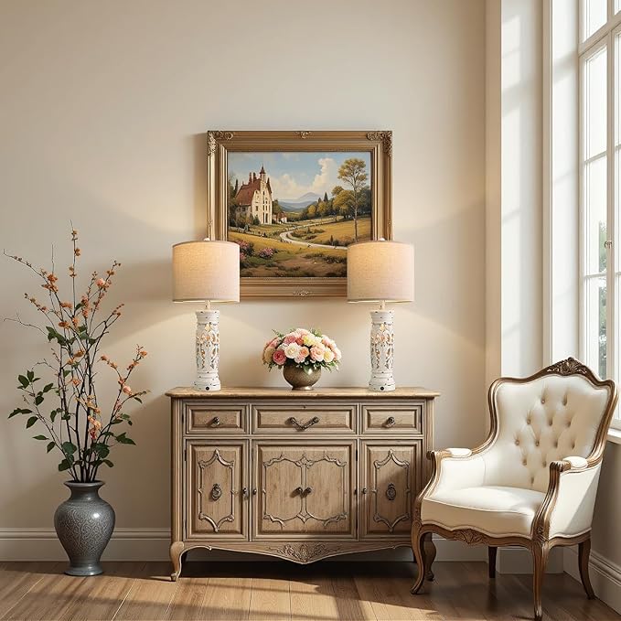 BOBOMOMO 27.25” Farmhouse Table Lamps Set of 2 – Antique White Bedside Lamps with Night Light & USB A+C Ports, Vintage Lamps for Bedroom, Living Room, Entryway, Console Table (Bulbs Included)