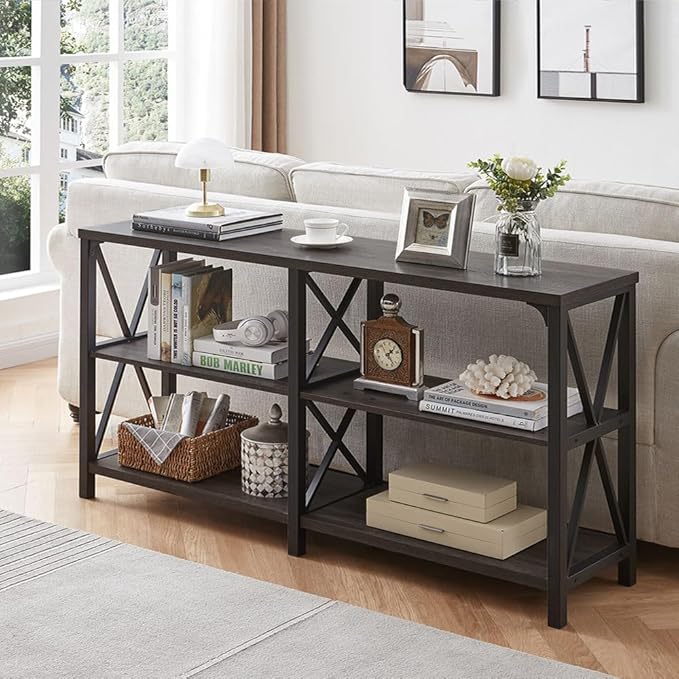 LVB Rustic Console Table, Industrial Modern Sofa Table Behind Couch, Long Metal Wood Entryway Table with Storage Shelf, Farmhouse Foyer Hallway Table for Home Living Room Bedroom, Dark Gray Oak, 63 in