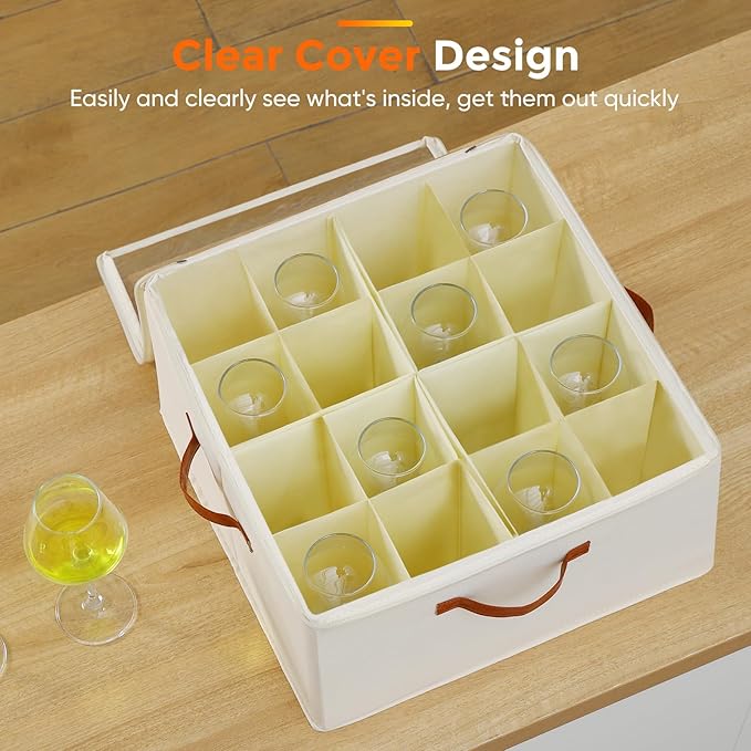 Wine Glass Storage Box with Dividers, 2 Pack Glassware Storage Containers, Stemware Storage Cases Holds 32 Wine Glasses, Stackable Crystal Storage Containers with Clear Cover for Moving，Beige