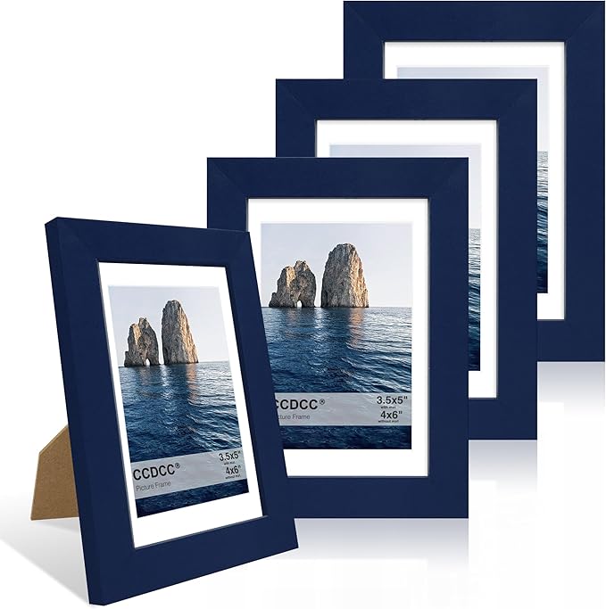 4x6 Picture Frame Set of 4, 4 x 6 Wood Photo Frames with Mat for 3.5x5, Natural Wooden Frame with Real Glass Cover for Wall and Tabletop Display,Blue