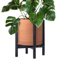 D'vine Dev Terracotta Planter with Ebony Stand - 12 Inch Modern Round Flower Pot with Wood Planter Holder, Terracotta, 55-B-H-5
