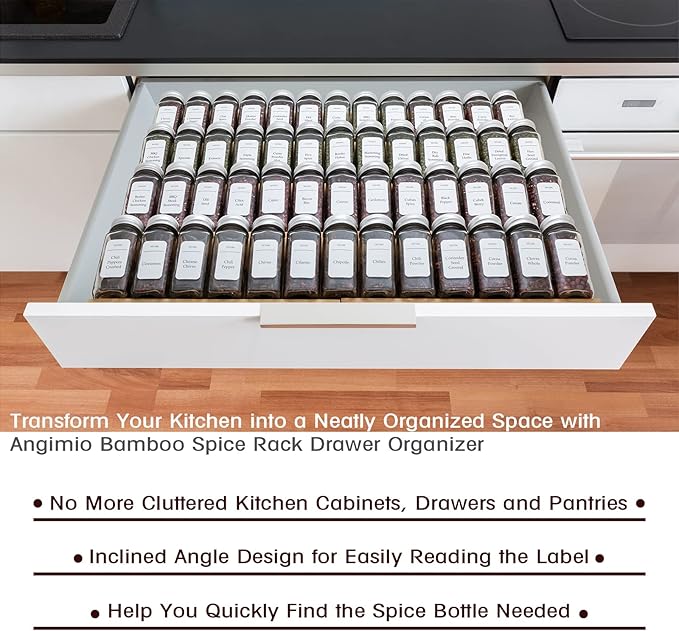 Bamboo Spice Rack Drawer Organizer - 8 Piece Set - 12" Wide, Combine Into 24" Rack (12" or 24")