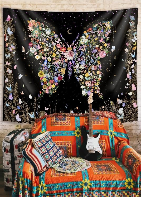Damanse Butterfly Tapestry Wall Hanging Cute,Boho Wall Tapestry for Bedroom Aesthetic,Flower Living Room Decor for Teen Girls (Black, 59.80" x 78.70")