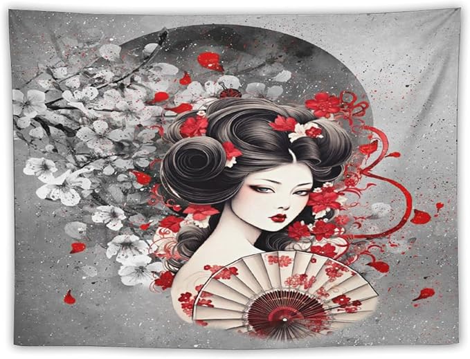 Japanese Geisha Tapestry Asian Red Cherry Blossom Red Sun Traditional Kimono Folk Tapestries Home Decor for Living Room Bedroom Apartment Farmhouse Dorm 80"x60"