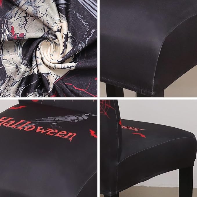 JQinHome Black Halloween Chair Slipcover,Skull Chair Covers Set of 6, High Stretch Washable Chair Protector Cover for Dining Room, Kitchen,Home Party,Wedding Ceremony(Skull Black,6PC)