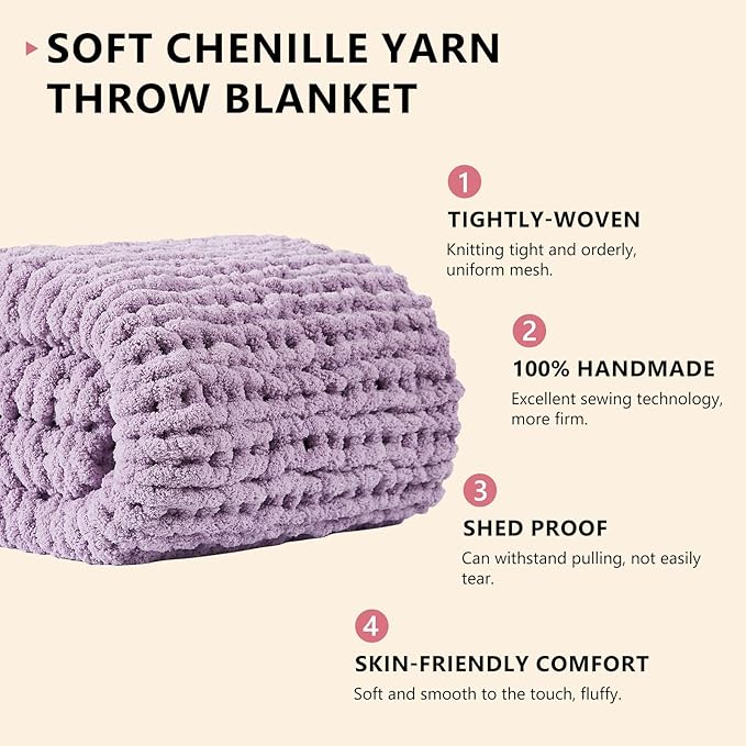 L Agusty Chunky Knit Blanket Throw: 72''x84'' Chenille Thick Knitted Throw Blanket for Bed, Couch - Handmade Large Purple Chunky Rope Blanket for Home Decor