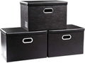 PRANDOM Large Foldable Storage Bins with Lids [3-Pack] Leather Fabric Collapsible Storage Boxes Organizer Containers Baskets Cube with Cover for Home Bedroom Closet Office Black(17.7x11.8x11.8)