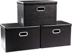 PRANDOM Large Foldable Storage Bins with Lids [3-Pack] Leather Fabric Collapsible Storage Boxes Organizer Containers Baskets Cube with Cover for Home Bedroom Closet Office Black(17.7x11.8x11.8)
