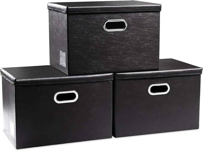 PRANDOM Large Foldable Storage Bins with Lids [3-Pack] Leather Fabric Collapsible Storage Boxes Organizer Containers Baskets Cube with Cover for Home Bedroom Closet Office Black(17.7x11.8x11.8)