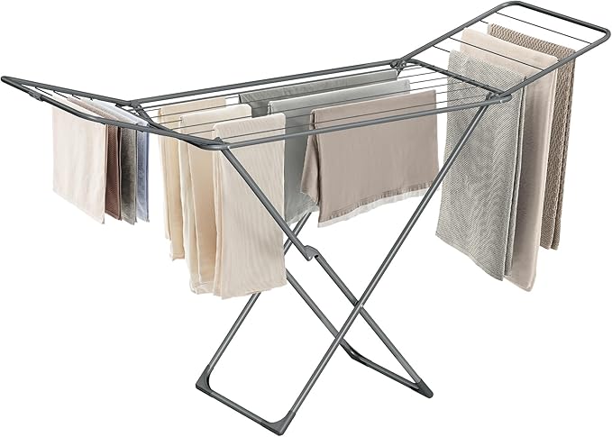 SONGMICS Clothes Drying Rack, Metal Laundry Drying Rack, Foldable, Space-Saving, Free-Standing Airer, with 2 Gullwings, Indoor Outdoor Use, Bed Linen Clothing, Gray ULLR540G01