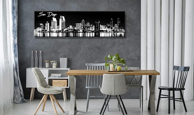DJSYLIFE San Diego Skyline Wall Art Black and White Night View USA Cityscape California Pictures Artwork Painting Poster for Bedroom Office Decoration Stretch Framed Ready to Hang 13.8"x47.3"