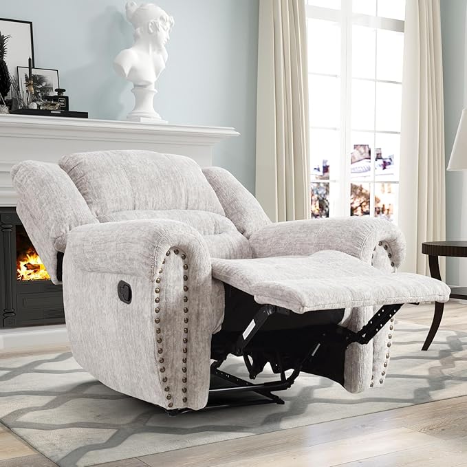 CANMOV Manual Recliner Chair Set of 2, Classic and Traditional Manual Recliner Chair with Comfortable Arms and Back Single Sofa for Living Room, White Grey
