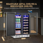 Wine and Beverage Refrigerator, 24 Inch Stainless Steels Beverage Fridge Dual Zone, Wine Beverage Cooler Built-in or Freestanding with Upgraded Cooling, 20 Bottles and 88 Cans Large Capacity
