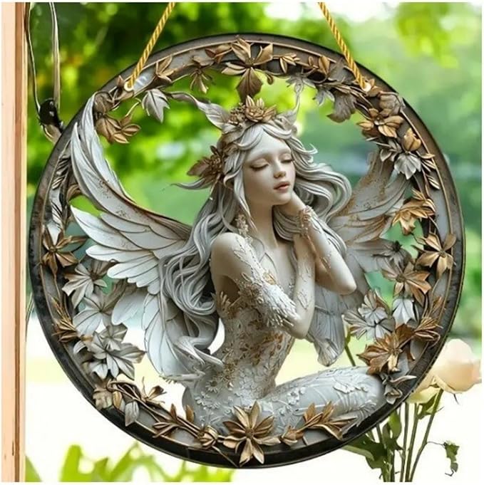 Flower Fairy Garden Decorations Angel Wing Christmas Halloween Deco Statue Art Elf Sculpture Hanging Craft for Outdoor Yard Courtyard Lawn Patio Window Acrylic Ornament Home Gift (C,L: 8*8 IN)