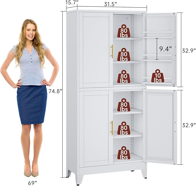 75" H Metal Storage Cabinet, Pantry with 6 Door Shelves and 4 Adjustable Shelves, Leveling Foot for Kitchen, Living Room and Dinning Room, White