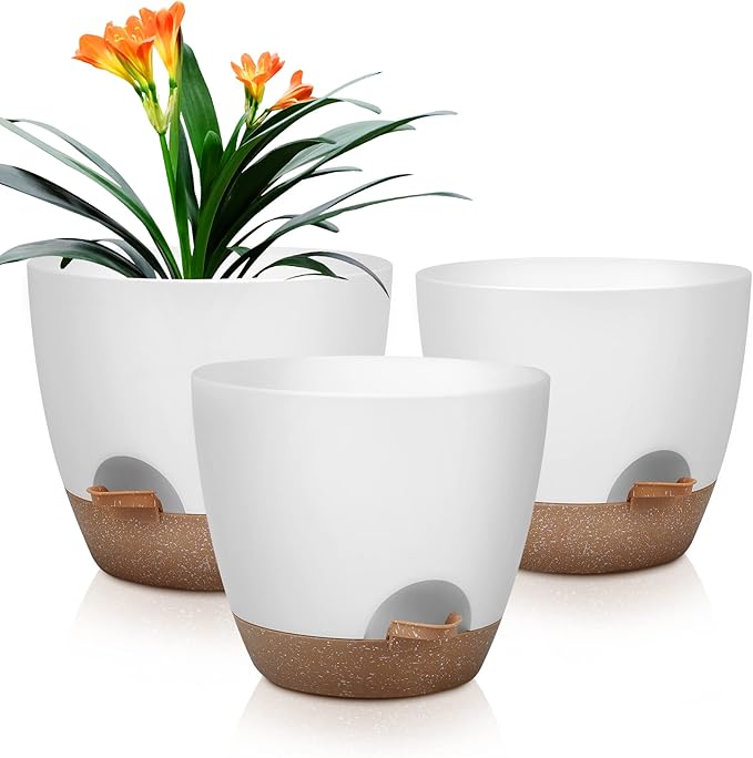 Plant Pots 10/9/8 Inch Self Watering Pots, Set of 3 Plastic Planters with Drainage Holes and Saucers,Plastic Flower Pots,Nursery Planting Pot for Indoor Out Door Plants（White）
