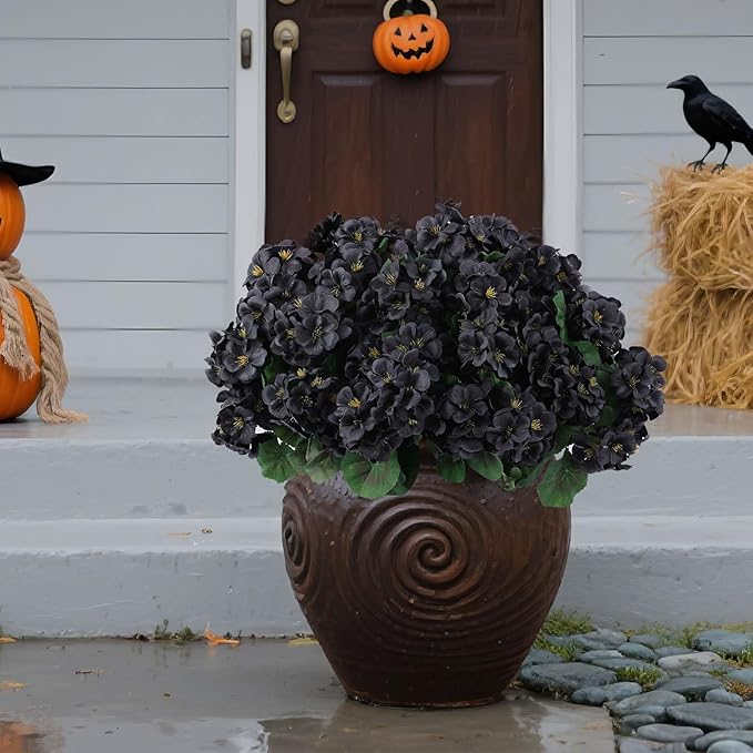 Hananona 6 Bundles Artificial Geranium Flowers for Outdoors Black Silk Geranium Flowers Outdoor UV Resistant Plants Faux Black Flower for Home Kitchen Halloween Table Centerpieces Decor (6, Black)