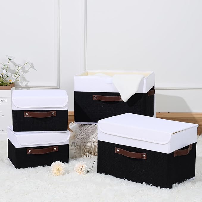 ANMINY 4PCS Storage Boxes with Lid Washable Decorative Storage Bins Basket with PU Leather Handle Foldable Linen Fabric Storage Cubes Containers for Home Closet Organizer - Black White, Large Size