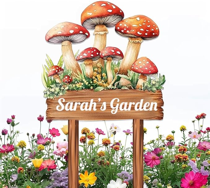 Personalized Mushroom Metal Sign with Stake,Custom Gardener Family Name Signs Outdoor Decor,Customized Flower Gardening Housewarming Gifts,Flowers Plaques for Patio Lawn Porch Backyard Farmhouse