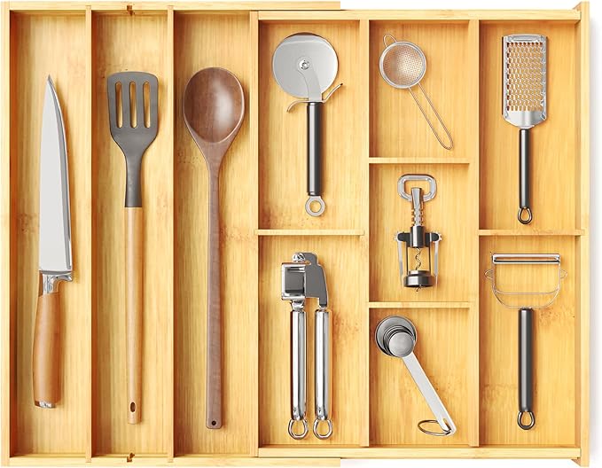 SpaceAid Bamboo Utensil Drawer Organizer with Labels, Kitchen Silverware Expandable Tray Holder Organizer for Flatware, Cutlery, Spoon and Knives Drawer Storage Organization (Natural)