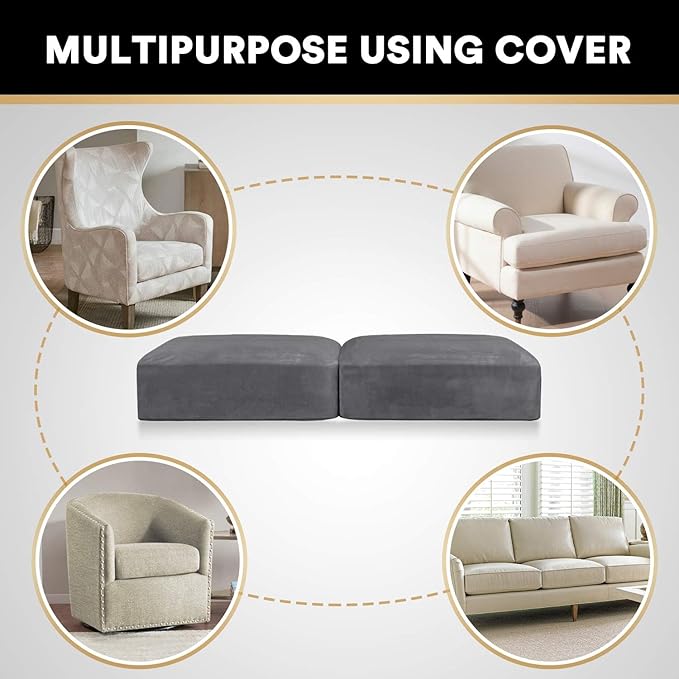 PrinceDeco Velvet Couch Cushion Cover Soft Stretch Cushion Slipcover for Chair Loveseat Sofa Cushion Furniture Protector Seat Cushion Sofa Cover (2 Piece Large Sofa Cushion Covers, Grey)