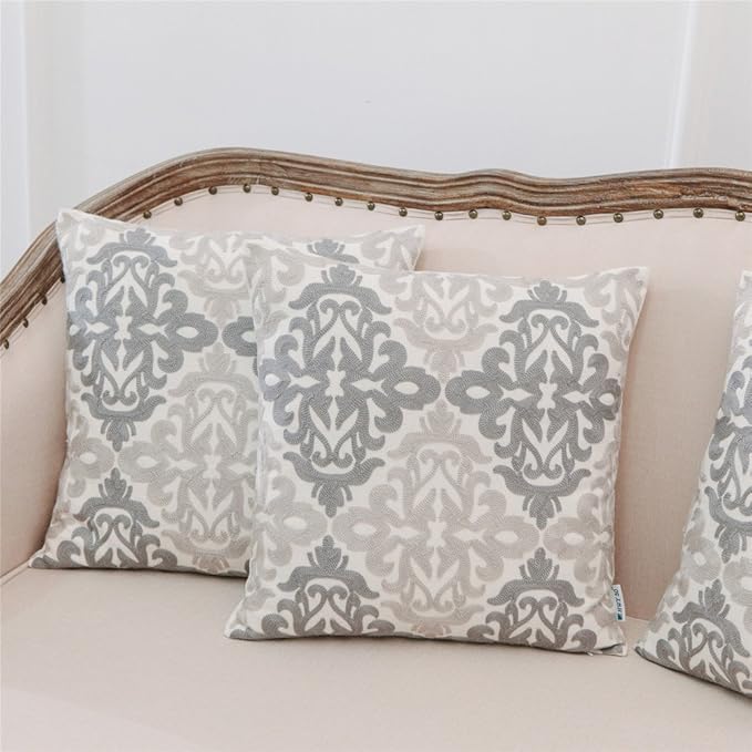 HWY 50 Gray Grey Decorative Throw Pillow Covers 18x18 Inch, Pack of 2 Embroidered Linen Farmhouse Cushion Cover Pillow Case for Sofa Couch Living Room Bed Bedroon, Accent Geometric