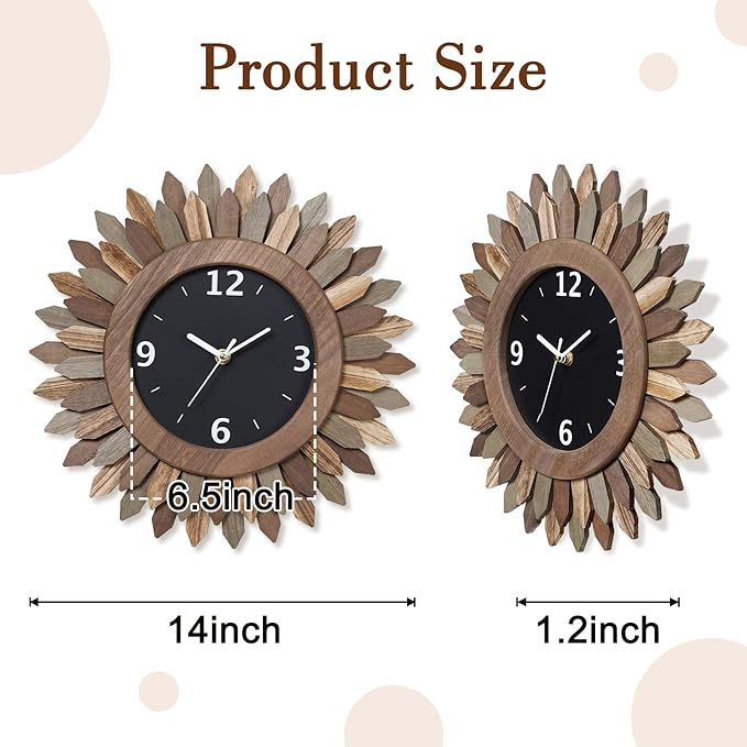 Honiway 14 Inch Wall Clock, Rustic Wood Boho Sunburst Decorative Wall Clocks Battery Operated Silent Non Ticking Farmhouse Small Wall Clocks for Living Room Kitchen Bedroom Home Decor (Tricolor)