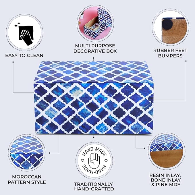 Handicrafts Home Handmade Moroccan Pattern Inspired Decorative Box - Large Storage Organizer for Neck Chains, Watches, Memory Keepsakes - Boho Style Treasure Box, Multipurpose Gift - Blue, 10x5x5
