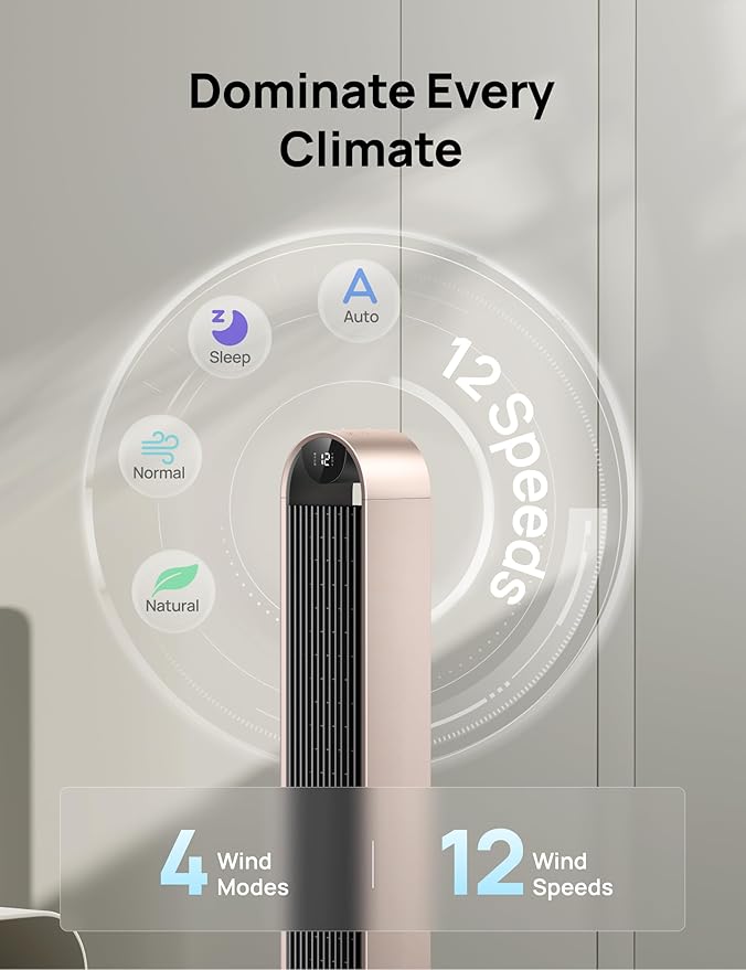 Dreo Smart Tower Fan Voice Control, 120° Oscillating Fan Works with Alexa/Google/App/Remote, 42 Inch, 25dB Quiet DC Bladeless Fan for Bedroom,12 Speeds, Floor Fan for Home, Office, Pilot Max S