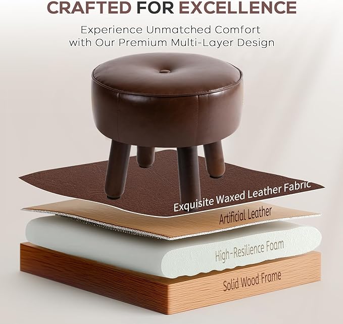 Small Foot Stool Ottoman, Round Pouf Foot Rest, Footstool Ottomans with Rubber Legs Under Desk, Faux Leather Footrest for Couch, Living Room, Bedroom, Office, 13''L x 13''W x 10.2''H, Coffee