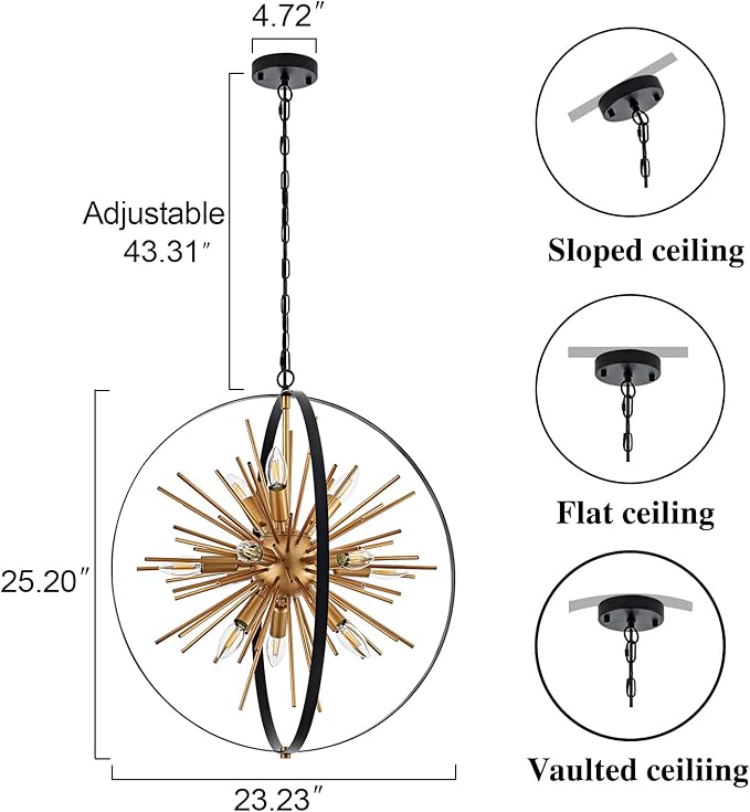 23.2'' Black Gold 12-Light Globe Sputnik Chandelier Modern Industrial Adjustable Hanging Ceiling Firework Pendant Light Fixture for Entryway Foyer Bedroom Dining Living Room Hallway