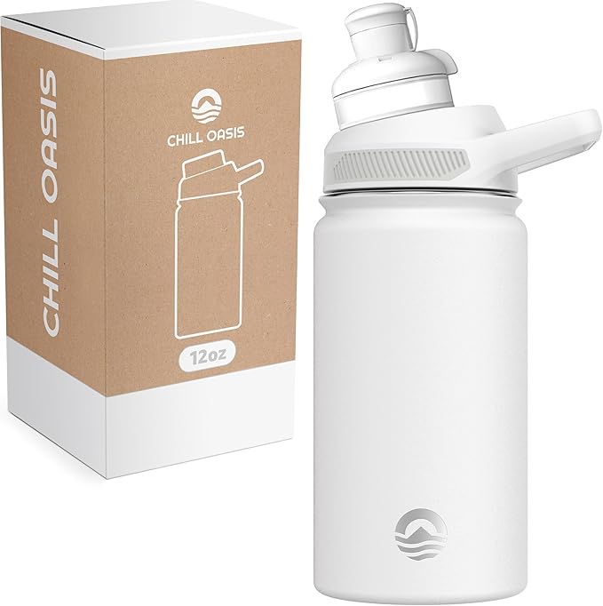 Chill Oasis Water Bottle | Compatible With Popular Flavor Cartridges | BPA Free, Leak Proof, Double-Walled Vacuum Insulated Stainless Steel, and Dishwasher Safe | Cold for 24 Hours (White, 12oz)