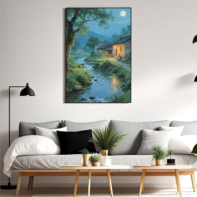 Moonlight under the big tree creek cabin scenery is suitable for posting in the living room bedroom office scenery poster wall painting