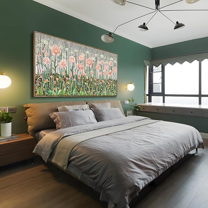 amatop Framed Oversized Floral Canvas Wall Art Canvas Print Modern Botanical Flower Field Rustic Wall Decor Abstract Nature Blooming Wildflower Pale Pink Green Artwork for Living Room Bedroom Office 58x29 in