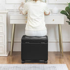 Adeco 17.7" Leather Ottoman with Wheels, Black Square Rolling Ottoman with Storage, Upholstered Button Tufted Vanity Stool with Hinged Lid for Living Room, Bedroom, Dorm