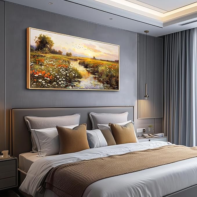 PHAOHUAXM Large Wall Art For Living Room Canvas Wall Decor For Bedroom Watercolour Painting Office Decoration Countryside Sunrise Scenery Wall Picture Ready To Hang Home Decor Wood Framed 20x40 In