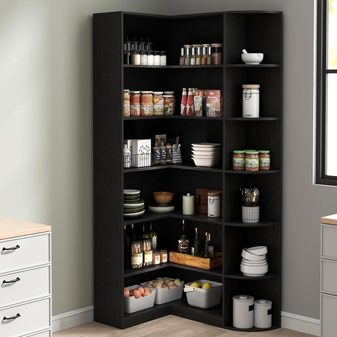Loomie Black Book Shelf, 6 Tiers Shelf Large Tall Corner Etagere Bookcase with Full Baffle, L-Shaped Modern Storage Display Industrial Bookshelves for Bedroom, Home Office, Living Room & Kitchen,Black