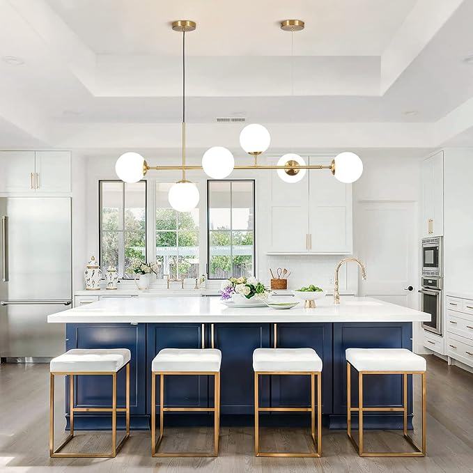 KCO Lighting Modern Globe Linear Chandelier 6 Light Milk Glass Chandeliers White and Gold Pendant Light Fixture Mid Century Rectangle Chandelier Brass Sputnik Island Lights for Kitchen
