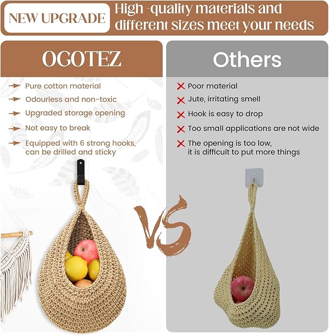 Wall Hanging Baskets for Organizing - 3 Pack Hanging Fruit Basket with 6 Pcs Strong Hooks, Handwoven Onion Storage Teardrop Home Onion Basket for Fruits Vegetable Potato Kitchen Storage(Light Linen)