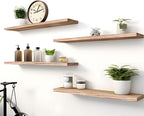Wood Floating Shelves for Wall Decor, Rustic Wall Shelves for Bedroom Bathroom Kitchen Living Room, Set of 4 Light Walnut 24 Inch