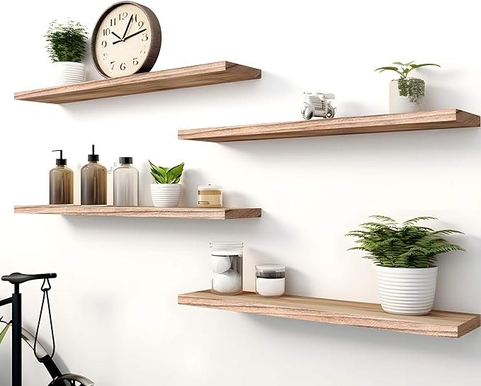 Wood Floating Shelves for Wall Decor, Rustic Wall Shelves for Bedroom Bathroom Kitchen Living Room, Set of 4 Light Walnut 24 Inch