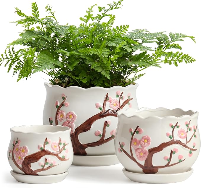 Ceramic Plant Pots with Drainage Holes and Saucers, Round Flower Pots for Indoor Plant, 3.9/5.2/6.7 Inches Small Flower Planters Set of 3