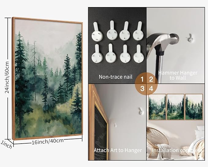 Tinonedraw Watercolor Forest Framed Canvas Wall Art Set, Modern Pine Tree Wall Painting, Nature Foggy Landscape Wall Decor, Misty Mountain Art Prints for Bedroom Living Room Farmhouse Office 16"x24"x3